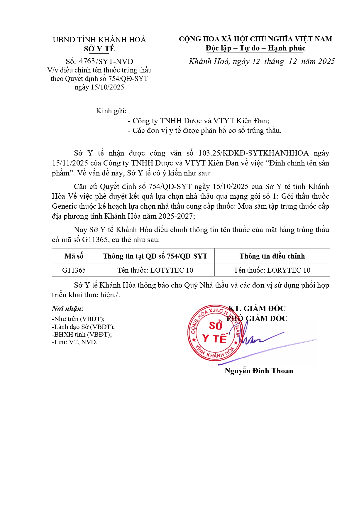 V/v điều chỉnh tên thuốc trúng thầu theo Quyết định số 754/QĐ-SYT ngày 15/10/2025